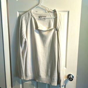 Registered Brand large white sweater with ribbed collar, hem, and sleeves
